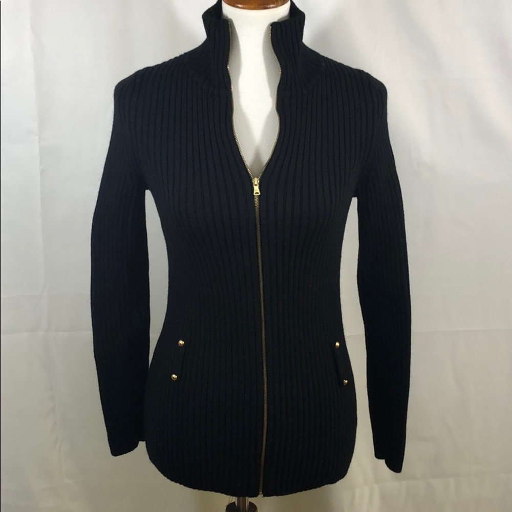 Talbot Merino Wool Ribbed Black Cardigan Sweater